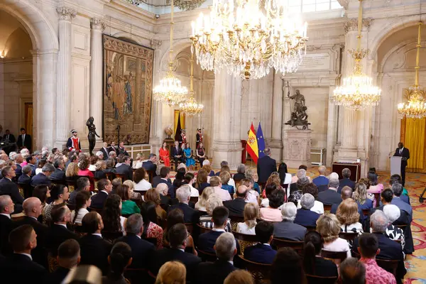 stock image Princes Leonor of Spain, King Felipe VI, Queen Letizia and Sofia during the celebration events of the 10th anniversary of the proclamation of King  at The Royal Palace on June 19 2024 in Madrid Spain