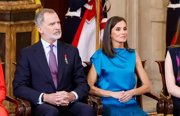 stock image Princes Leonor of Spain, King Felipe VI, Queen Letizia and Sofia during the celebration events of the 10th anniversary of the proclamation of King  at The Royal Palace on June 19 2024 in Madrid Spain