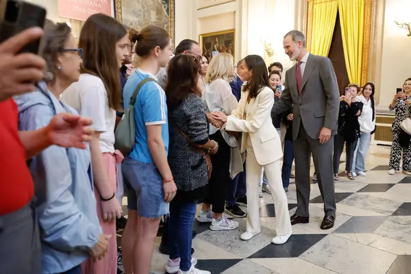 stock image King Felipe VI of Spain, Queen Letizia of Spain attends The Exhibition 'Felipe VI: A Decade Of The History Of The Crown Of Spain'. at Royal Palace on June 20, 2024 in Madrid, Spain