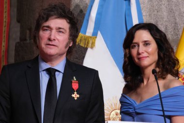 Isabel Diaz Ayuso, receives the president of the Argentine Javier Milei to award him the Honorary Distinction of the International Medal of the CM at the Casa de Correos on June 21 2024 Madrid Spain clipart