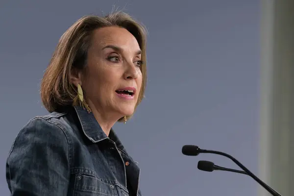 stock image The secretary general of the PP, Cuca Gamarra during a press conference at the headquarters of the Popular Party on July 3, 2024, in Madrid, Spain.