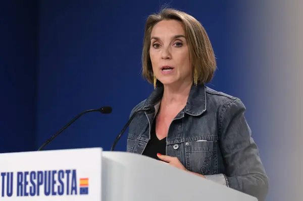 stock image The secretary general of the PP, Cuca Gamarra during a press conference at the headquarters of the Popular Party on July 3, 2024, in Madrid, Spain.