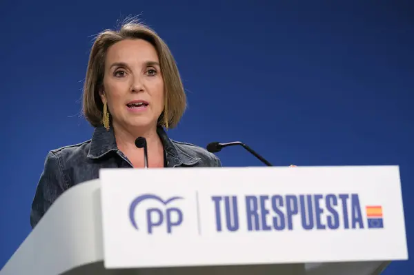 stock image The secretary general of the PP, Cuca Gamarra during a press conference at the headquarters of the Popular Party on July 3, 2024, in Madrid, Spain.