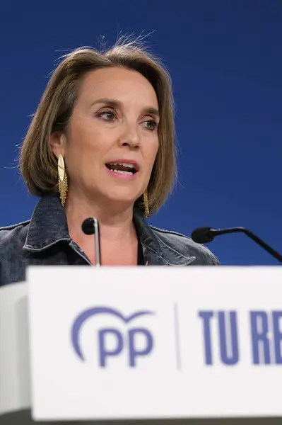 stock image The secretary general of the PP, Cuca Gamarra during a press conference at the headquarters of the Popular Party on July 3, 2024, in Madrid, Spain.