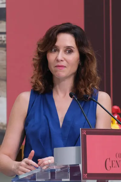 Stock image The president of the Community of Madrid, Isabel Diaz Ayuso during an act of homage to centenary businesses at the post office in Madrid July 8, 2024 Spain