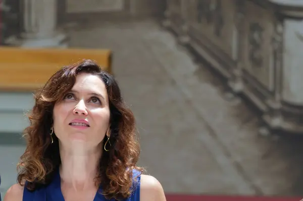 Stock image The president of the Community of Madrid, Isabel Diaz Ayuso during an act of homage to centenary businesses at the post office in Madrid July 8, 2024 Spain