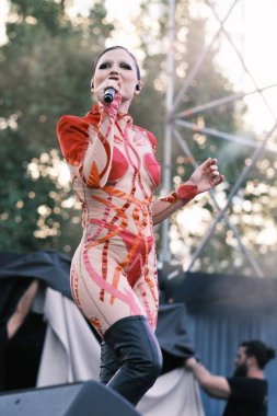  Sofa Coll from the group Megara performs during the concert of the Mado Pride festival in the Plaza de Espaa in Madrid, July 7, 2024 Spain clipart