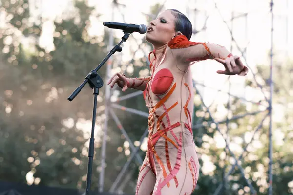 stock image  Sofa Coll from the group Megara performs during the concert of the Mado Pride festival in the Plaza de Espaa in Madrid, July 7, 2024 Spain