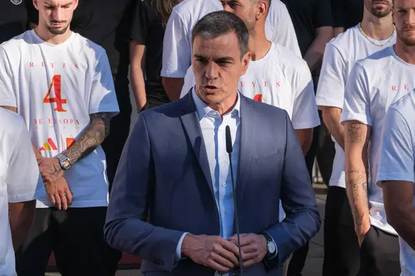 stock image Pedro Sanchez during the UEFA EURO 2024 celebration in the Plaza de Colon in Madrid, on July 15, 2024 Spain