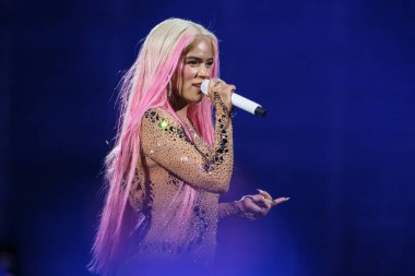 The singer Karol G during a performance at the Santiago Bernabeu, on July 20, 2024, in Madrid, Spain