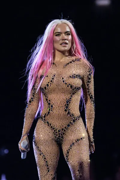 stock image The singer Karol G during a performance at the Santiago Bernabeu, on July 20, 2024, in Madrid, Spain