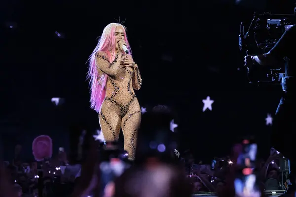 stock image The singer Karol G during a performance at the Santiago Bernabeu, on July 20, 2024, in Madrid, Spain