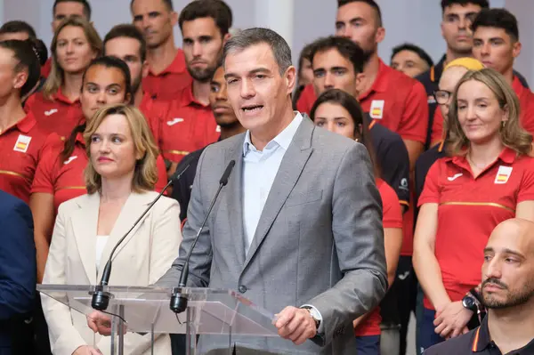 stock image Spanish Prime Minister Pedro Sanchez during reception for the teams participating in the Paris 2024 Olympic at the Moncloa Complex, on 23 July, 2024 in Madrid, Spain