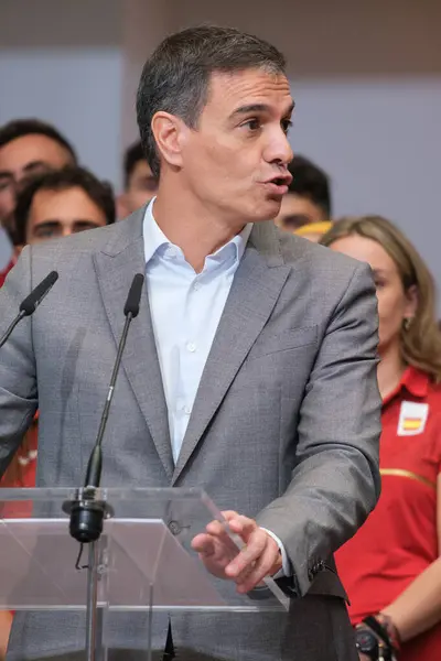 stock image Spanish Prime Minister Pedro Sanchez during reception for the teams participating in the Paris 2024 Olympic at the Moncloa Complex, on 23 July, 2024 in Madrid, Spain