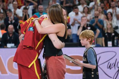 Rudy Fernandez and Helen Lindes during their tribute for being the last match with Spain after the match between Spain and Puerto Rico at the WiZink Center on July 23, 2024 in Madrid, Spain. clipart