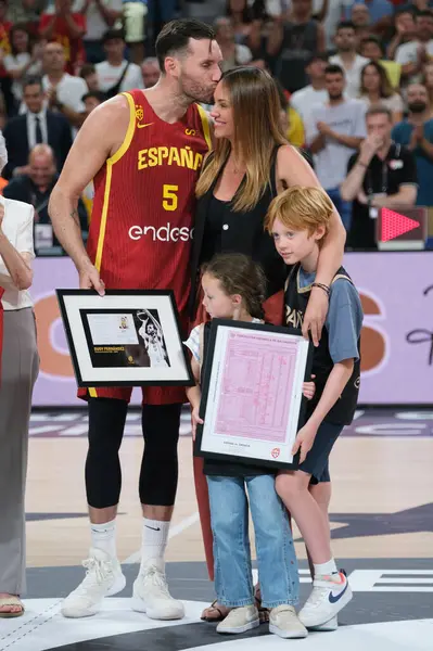 stock image Rudy Fernandez and Helen Lindes during their tribute for being the last match with Spain after the match between Spain and Puerto Rico at the WiZink Center on July 23, 2024 in Madrid, Spain.