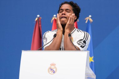 Endrick Felipe Moreira de Sousa during his presentation as a new Real Madrid player at Estadio Santiago Bernabeu on July 27, 2024 in Madrid, Spain clipart