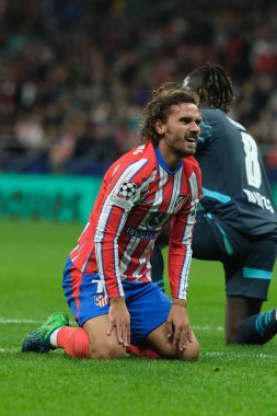 UEFA Şampiyonlar Ligi Faz MD1 karşılaşmasında Atletico de Madrid 'den Antoine Griezmann ve Estadio Metropolitano' dan RB Leipzig 19 Eylül 2024 'te İspanya' nın Madrid kentinde oynanan karşılaşmada