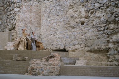 Dancers from the Chilean company Florencia Hoz perform during the performance of Antpodas in the archaeological remains room of the Royal Palace in Madrid, October 4 2024 Spain clipart