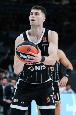 Real Madrid ile Partizan Belgrad arasında oynanan EuroLeague karşılaşmasında Partizan Mozzart Bet Belgrad 'dan Aleksa Dimitrijeviç, 10 Ekim 2024 tarihinde Madrid' de WiZink Center 'da oynanan karşılaşmada görülüyor.