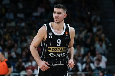 Real Madrid ile Partizan Belgrad arasında oynanan EuroLeague karşılaşmasında Partizan Mozzart Bet Belgrad takımından Vanja Marinkoviç, 10 Ekim 2024 tarihinde Madrid 'de WiZink Center' da oynanan karşılaşmada görülüyor.