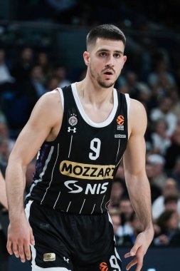 Real Madrid ile Partizan Belgrad arasında oynanan EuroLeague karşılaşmasında Partizan Mozzart Bet Belgrad takımından Vanja Marinkoviç, 10 Ekim 2024 tarihinde Madrid 'de WiZink Center' da oynanan karşılaşmada görülüyor.