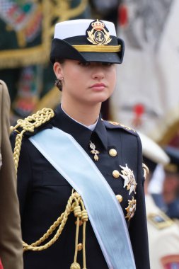 İspanya Veliaht Prensesi Leonor 12 Ekim 2024 tarihinde İspanya 'nın Madrid kentinde düzenlenen Ulusal Gün Askeri Yürüyüşüne katıldı.