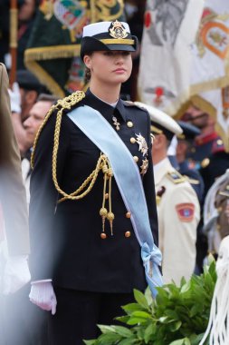 İspanya Veliaht Prensesi Leonor 12 Ekim 2024 tarihinde İspanya 'nın Madrid kentinde düzenlenen Ulusal Gün Askeri Yürüyüşüne katıldı.