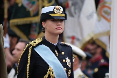 İspanya Veliaht Prensesi Leonor 12 Ekim 2024 tarihinde İspanya 'nın Madrid kentinde düzenlenen Ulusal Gün Askeri Yürüyüşüne katıldı.