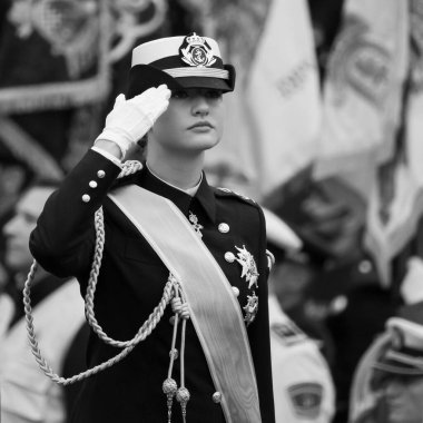 İspanya Veliaht Prensesi Leonor 12 Ekim 2024 tarihinde İspanya 'nın Madrid kentinde düzenlenen Ulusal Gün Askeri Yürüyüşüne katıldı.