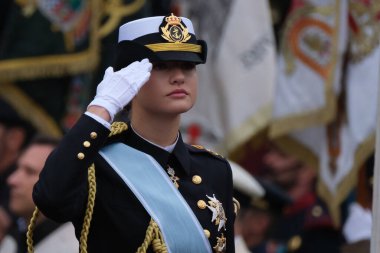 İspanya Veliaht Prensesi Leonor 12 Ekim 2024 tarihinde İspanya 'nın Madrid kentinde düzenlenen Ulusal Gün Askeri Yürüyüşüne katıldı.