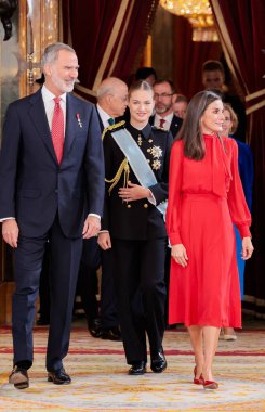 Crown Princess Leonor of Spain, King Felipe of Spain and Queen Letizia of Spain attend a reception on the National Day of Spain on October 12, 2024 in Madrid, Spain.  clipart