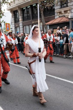 People dressed up during a Star Wars parade in the center of Madrid, more than 900 people have paraded through the streets dressed as characters from the Star Wars saga Madrid October 10, 2024 Spain clipart