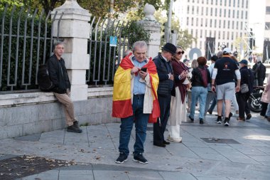 Protestocular, 20 Ekim 2024 tarihinde Madrid 'de iktidar hükümetini protesto etmek ve genel seçim talebinde bulunmak için düzenlenen bir gösteri sırasında İspanyol bayraklarını gösterdiler.
