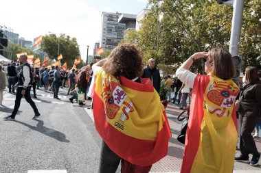 Protestocular, 20 Ekim 2024 tarihinde Madrid 'de iktidar hükümetini protesto etmek ve genel seçim talebinde bulunmak için düzenlenen bir gösteri sırasında İspanyol bayraklarını gösterdiler.