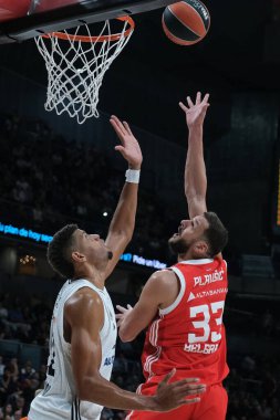Real Madrid 'den Uros Plavsiç, Real Madrid ile Crvena Zvezda Belgrad arasında oynanan EuroLeague karşılaşması sırasında 24 Ekim 2024 tarihinde İspanya' nın başkenti Madrid 'de oynanmıştır.
