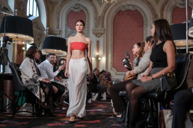 Madrid 'de 8 Kasım 2024' te DAVE tasarımı ile bir model Madrid 'de geçit töreni düzenler.