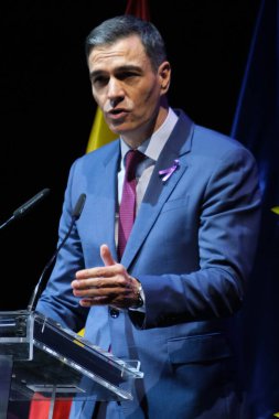 the President of the Government, Pedro Sanchez during a ceremony  of the International Day for the Elimination of Violence against Women, at the Teatro Pavon, on 25 November, 2024 in Madrid, Spain clipart