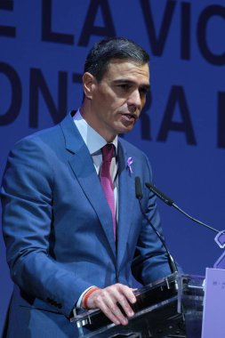 the President of the Government, Pedro Sanchez during a ceremony  of the International Day for the Elimination of Violence against Women, at the Teatro Pavon, on 25 November, 2024 in Madrid, Spain clipart