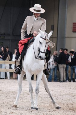 A rider and his horse during the doma vaquera competition at Madrid Horse Week, at IFEMA, on November 30, 2024 in Madrid, Spain. clipart