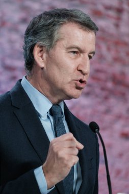 Halk Partisi Başkanı Alberto Nuez Feijoo, 27 Aralık 2024 tarihinde İspanya 'da Espacio Jorge Juan' da düzenlediği basın toplantısında