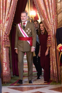  İspanya Kralı VI. Felipe, İspanya Kraliçesi Letizia ve İspanya Veliaht Prensesi Leonor, 6 Ocak 2025 tarihinde İspanya 'nın Madrid kentinde düzenlenen Pascua Askeri törenine katıldılar..