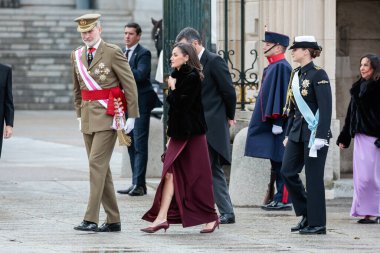  İspanya Kralı VI. Felipe, İspanya Kraliçesi Letizia ve İspanya Veliaht Prensesi Leonor, 6 Ocak 2025 tarihinde İspanya 'nın Madrid kentinde düzenlenen Pascua Askeri törenine katıldılar..