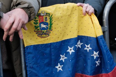 Protesters during a demonstration for democracy in Venezuela, against Maduro and in support of Edmundo Gonzalez, in Madrid on January 9, 2025, Spain. clipart