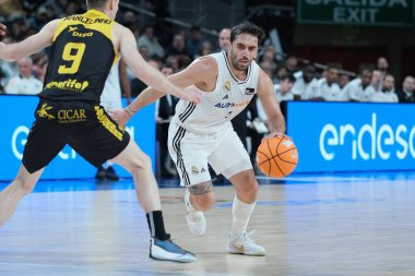 Real Madrid takımından Facu Campazzo Real Madrid ile CB Canarias arasındaki maç sırasında Madrid 'de 12 Ocak 2025 tarihinde Movistar Arena' da karşılaştı.