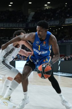 Maccabi Tel Aviv 'den Jaylen Hoard, Real Madrid ile Maccabi Tel Aviv arasında 14 Ocak 2025 tarihinde İspanya' nın başkenti Madrid 'de oynanan EuroLeague karşılaşmasında