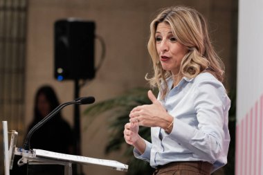 Çalışma Bakanı Yolanda Diaz, 15 Ocak 2025 tarihinde İspanya 'nın Madrid kentinde SMI' yi tartışmak üzere düzenlediği basın toplantısında,.