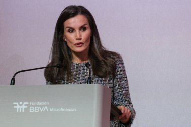İspanya Kraliçesi Letizia, BBVA Mikrofinans Vakfı tarafından 15 Ocak 2025 tarihinde Madrid 'de Marqus de Salamanca Sarayı' nda düzenlenen 