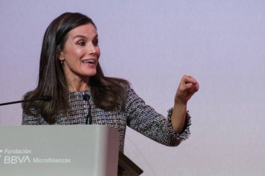 İspanya Kraliçesi Letizia, BBVA Mikrofinans Vakfı tarafından 15 Ocak 2025 tarihinde Madrid 'de Marqus de Salamanca Sarayı' nda düzenlenen 