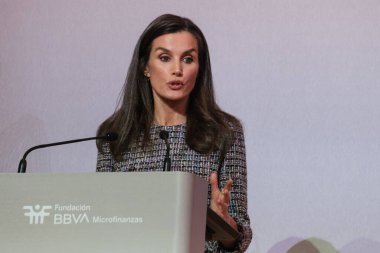 İspanya Kraliçesi Letizia, BBVA Mikrofinans Vakfı tarafından 15 Ocak 2025 tarihinde Madrid 'de Marqus de Salamanca Sarayı' nda düzenlenen 